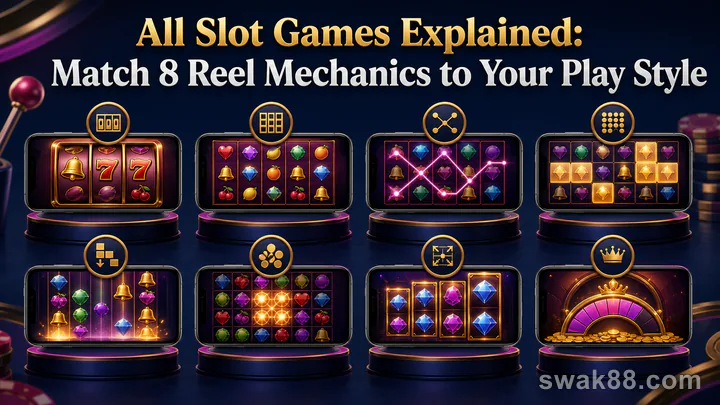 Eight online slot mechanics displayed side by side
