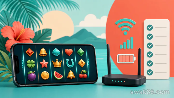 Mobile slot game beside network, battery, and checklist symbols