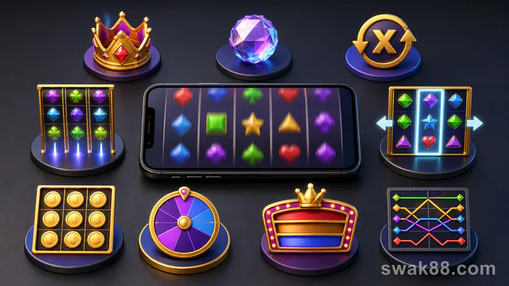 Nine slot mechanics arranged around a mobile demo game
