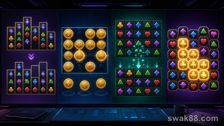 Four online slot mechanics shown as changing reels, coins, cascades, and clusters